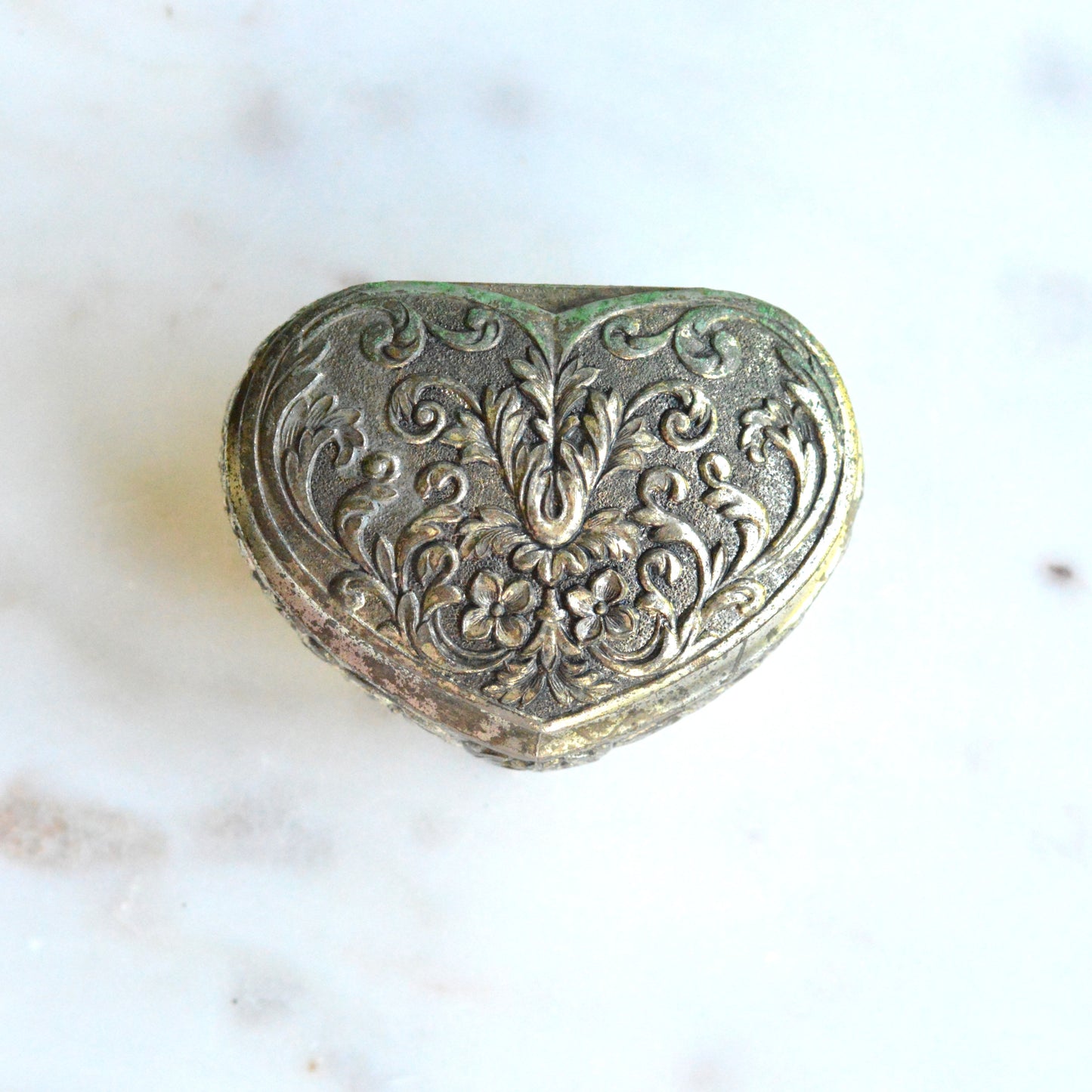 Vintage 1950s Japan Silver Plated Footed Heart Trinket Box 2.75x2" Rose Repousse