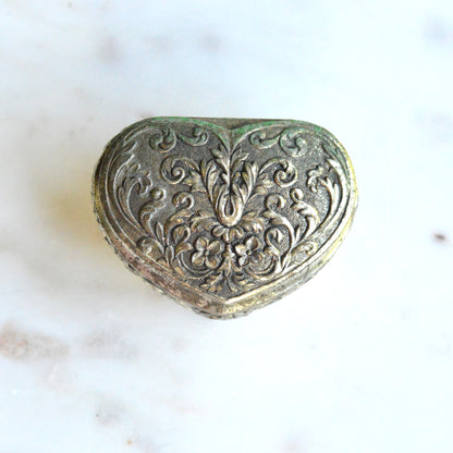 Vintage 1950s Japan Silver Plated Footed Heart Trinket Box 2.75x2" Rose Repousse