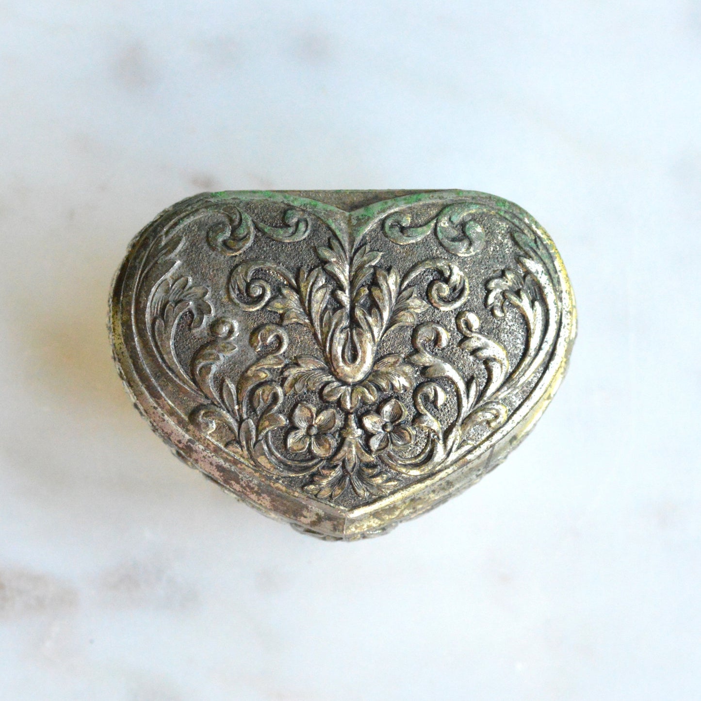Vintage 1950s Japan Silver Plated Footed Heart Trinket Box 2.75x2" Rose Repousse