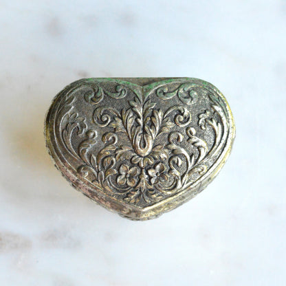 Vintage 1950s Japan Silver Plated Footed Heart Trinket Box 2.75x2" Rose Repousse