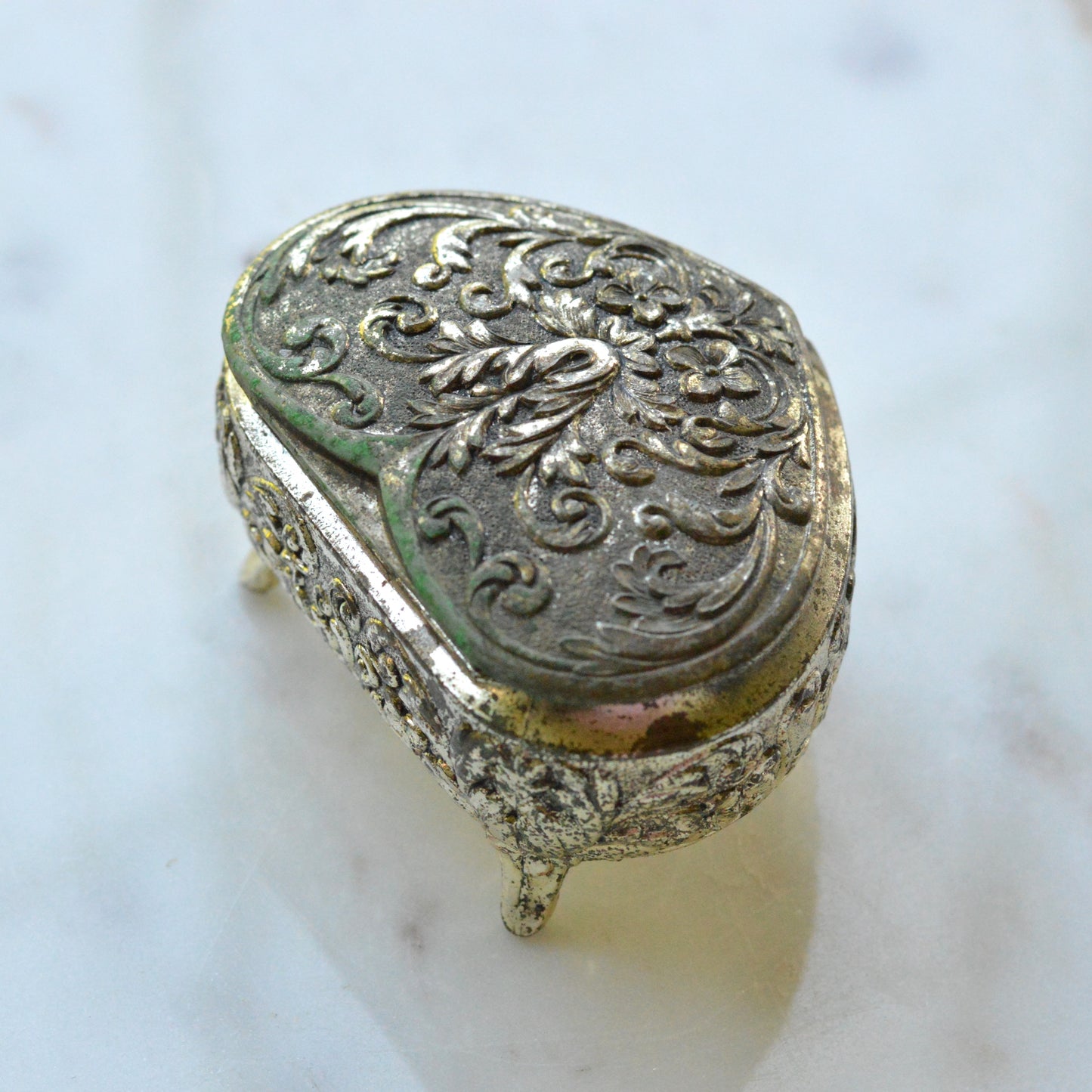 Vintage 1950s Japan Silver Plated Footed Heart Trinket Box 2.75x2" Rose Repousse