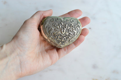 Vintage 1950s Japan Silver Plated Footed Heart Trinket Box 2.75x2" Rose Repousse