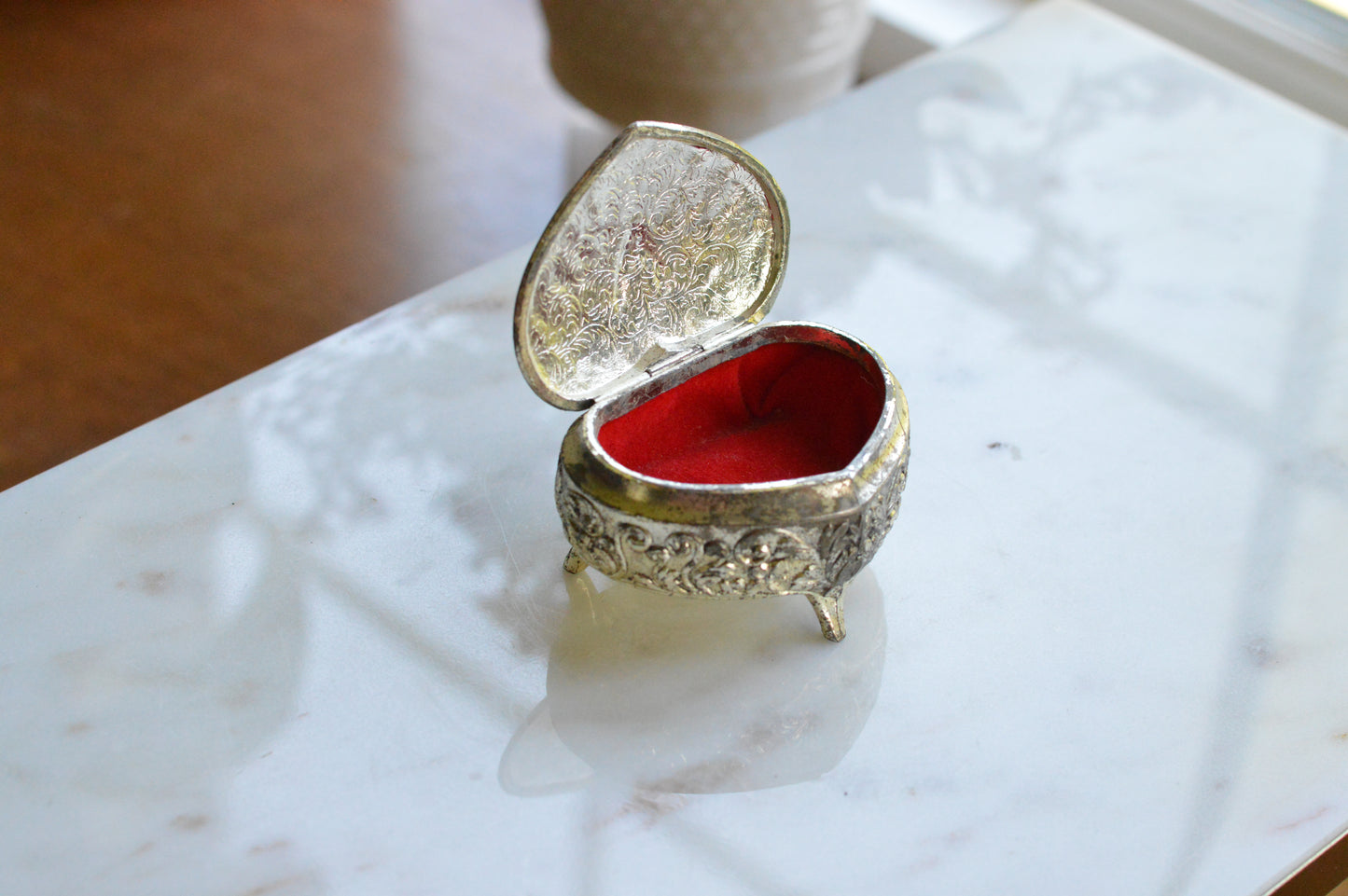 Vintage 1950s Japan Silver Plated Footed Heart Trinket Box 2.75x2" Rose Repousse