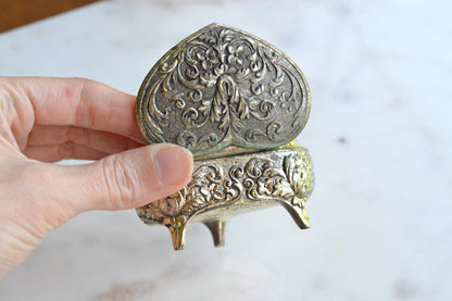 Vintage 1950s Japan Silver Plated Footed Heart Trinket Box 2.75x2" Rose Repousse