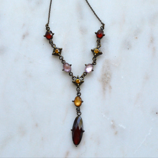 Vintage Brass Y Drop Necklace, Multi Color Pastel Rhinestone Neo Victorian 17-19.75"