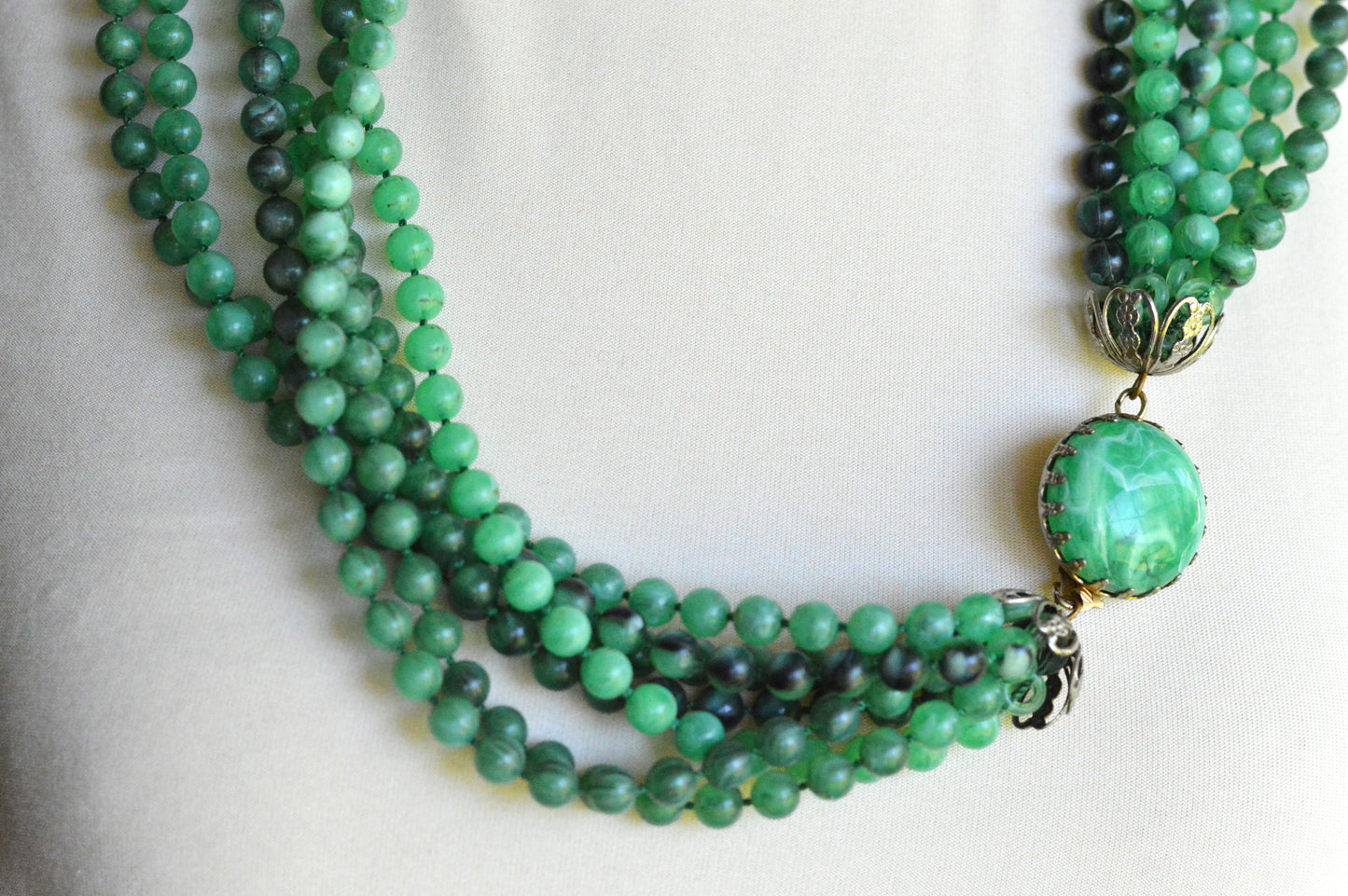 Vintage Multi Strand Green Lucite Bead Victorian Revival 27" Opera Statement Necklace