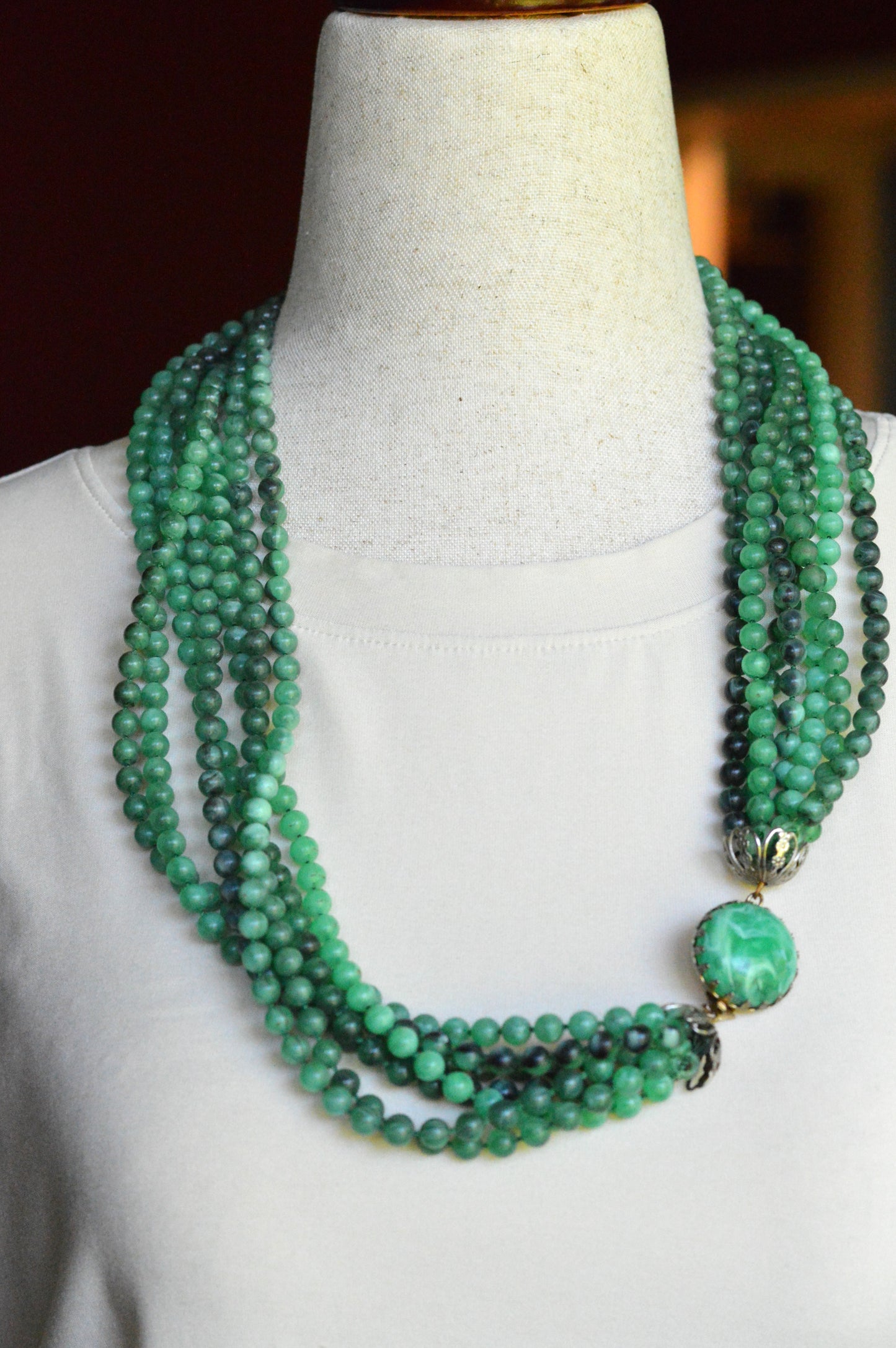 Vintage Multi Strand Green Lucite Bead Victorian Revival 27" Opera Statement Necklace