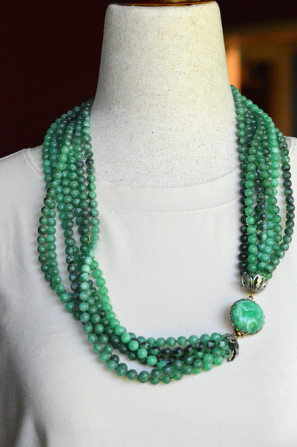Vintage Multi Strand Green Lucite Bead Victorian Revival 27" Opera Statement Necklace