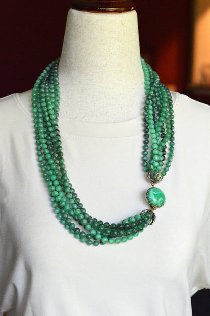 Vintage Multi Strand Green Lucite Bead Victorian Revival 27" Opera Statement Necklace