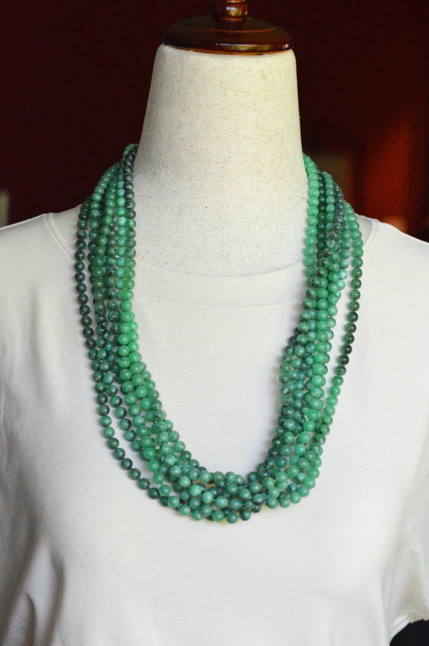 Vintage Multi Strand Green Lucite Bead Victorian Revival 27" Opera Statement Necklace
