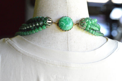 Vintage Multi Strand Green Lucite Bead Victorian Revival 27" Opera Statement Necklace