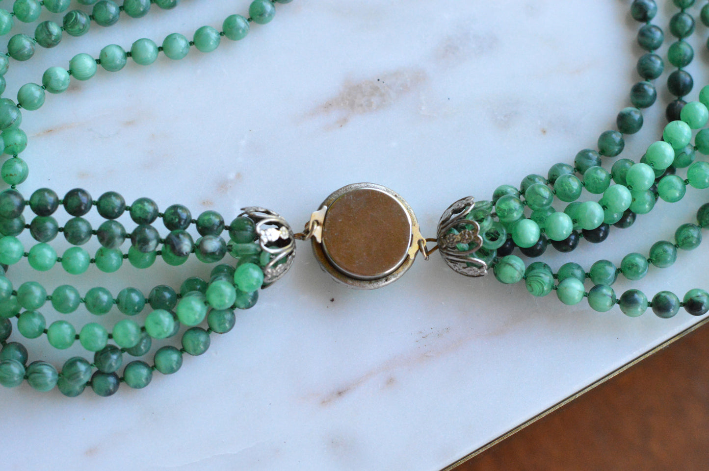 Vintage Multi Strand Green Lucite Bead Victorian Revival 27" Opera Statement Necklace