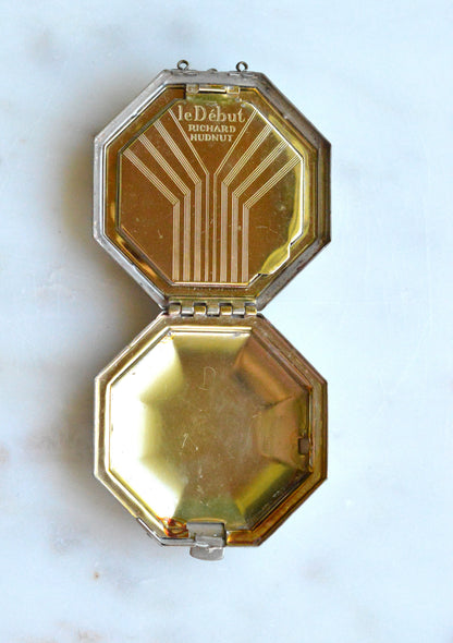 Antique 1928 Richard Hudnut Le Debut Green Compact 2"x2" Mirror & Rouge Block