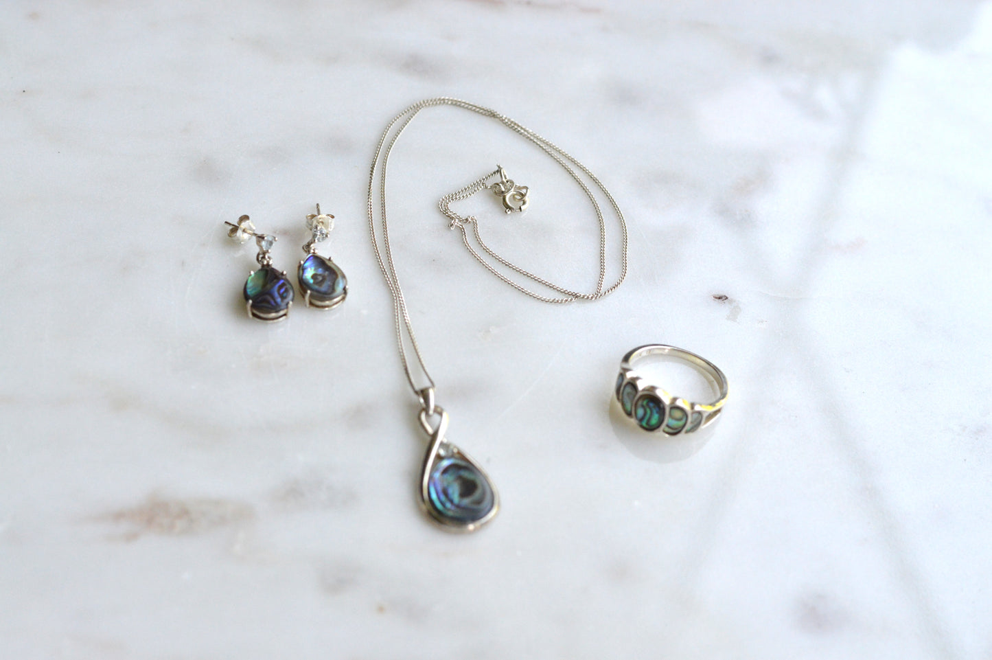 Vintage 925 Sterling Silver Teardrop Abalone Shell 3pc Set Ring 8 Necklace Earrings