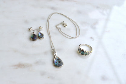 Vintage 925 Sterling Silver Teardrop Abalone Shell 3pc Set Ring 8 Necklace Earrings