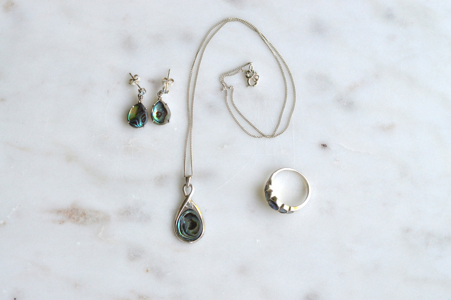 Vintage 925 Sterling Silver Teardrop Abalone Shell 3pc Set Ring 8 Necklace Earrings