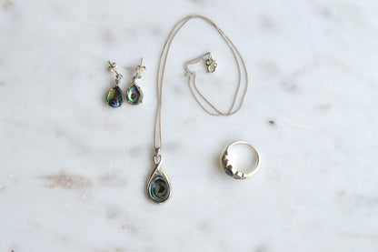 Vintage 925 Sterling Silver Teardrop Abalone Shell 3pc Set Ring 8 Necklace Earrings