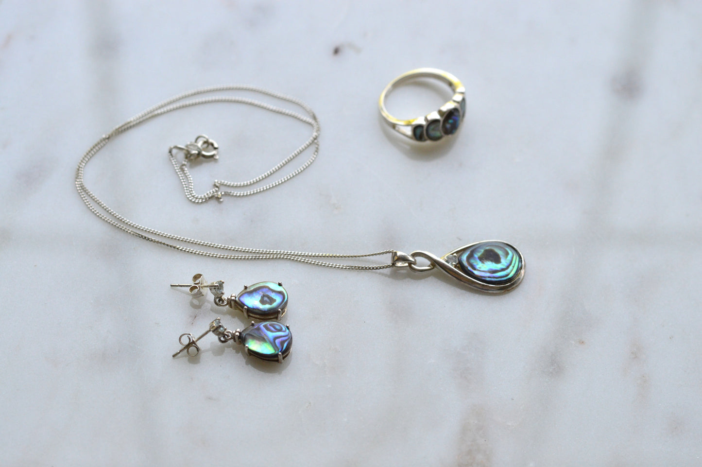 Vintage 925 Sterling Silver Teardrop Abalone Shell 3pc Set Ring 8 Necklace Earrings