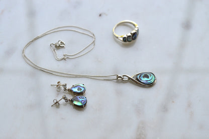 Vintage 925 Sterling Silver Teardrop Abalone Shell 3pc Set Ring 8 Necklace Earrings