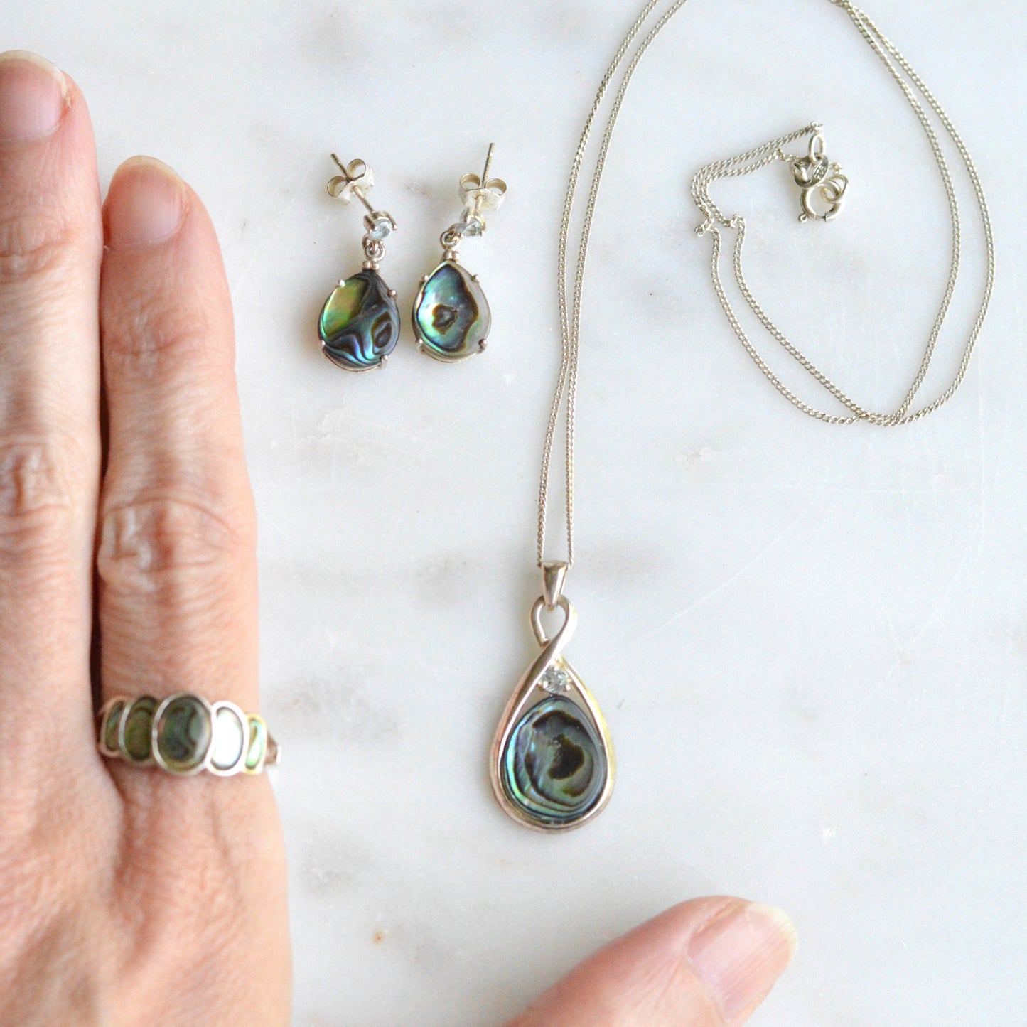 Vintage 925 Sterling Silver Teardrop Abalone Shell 3pc Set Ring 8 Necklace Earrings