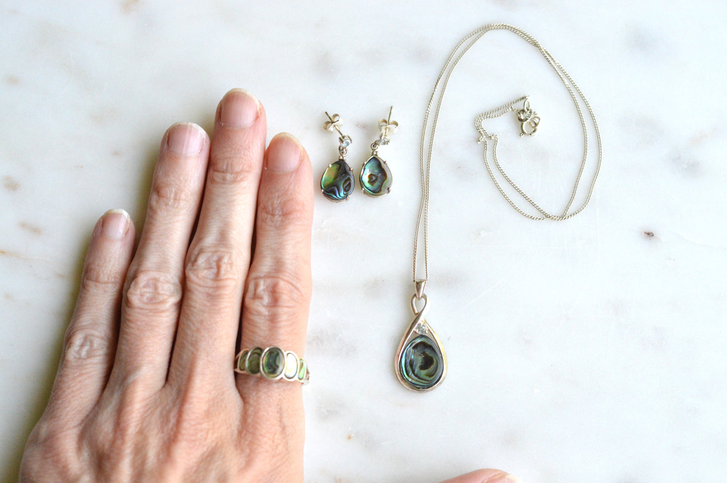Vintage 925 Sterling Silver Teardrop Abalone Shell 3pc Set Ring 8 Necklace Earrings