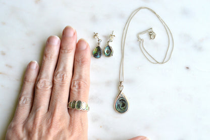 Vintage 925 Sterling Silver Teardrop Abalone Shell 3pc Set Ring 8 Necklace Earrings
