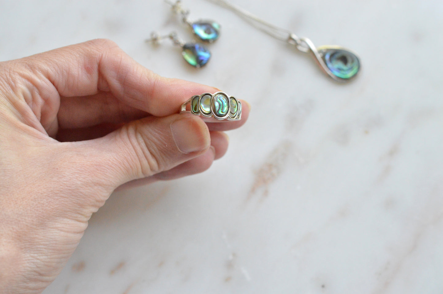 Vintage 925 Sterling Silver Teardrop Abalone Shell 3pc Set Ring 8 Necklace Earrings