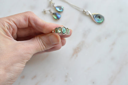 Vintage 925 Sterling Silver Teardrop Abalone Shell 3pc Set Ring 8 Necklace Earrings