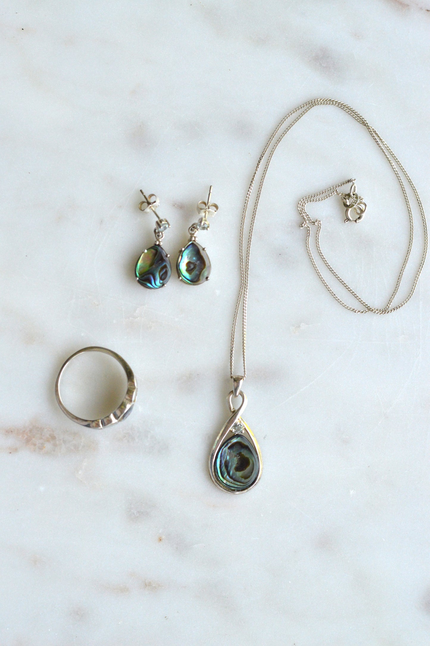 Vintage 925 Sterling Silver Teardrop Abalone Shell 3pc Set Ring 8 Necklace Earrings