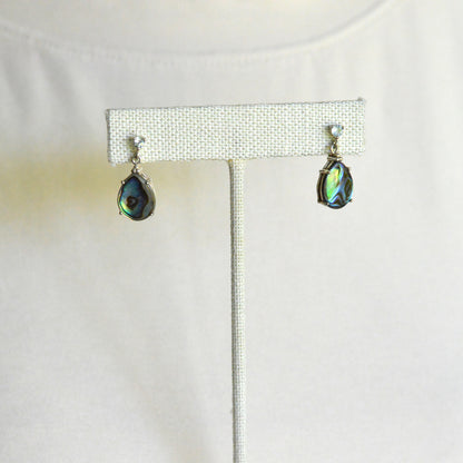 Vintage 925 Sterling Silver Teardrop Abalone Shell 3pc Set Ring 8 Necklace Earrings