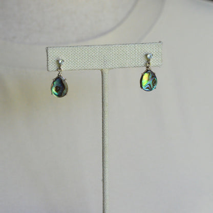 Vintage 925 Sterling Silver Teardrop Abalone Shell 3pc Set Ring 8 Necklace Earrings