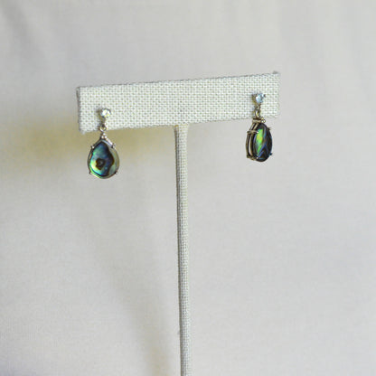 Vintage 925 Sterling Silver Teardrop Abalone Shell 3pc Set Ring 8 Necklace Earrings