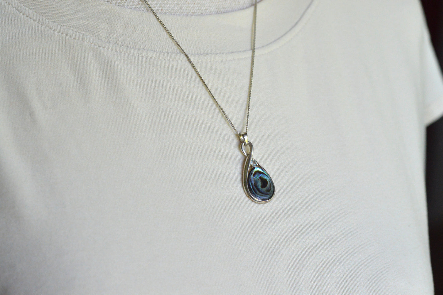 Vintage 925 Sterling Silver Teardrop Abalone Shell 3pc Set Ring 8 Necklace Earrings
