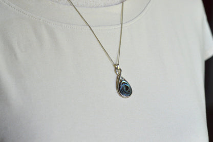 Vintage 925 Sterling Silver Teardrop Abalone Shell 3pc Set Ring 8 Necklace Earrings