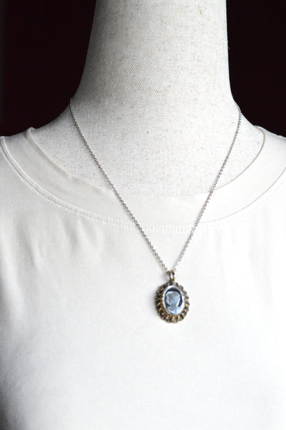 Vintage 1970s Domed Glass Intaglio Cameo Pendant Necklace, Scalloped Crown Frame