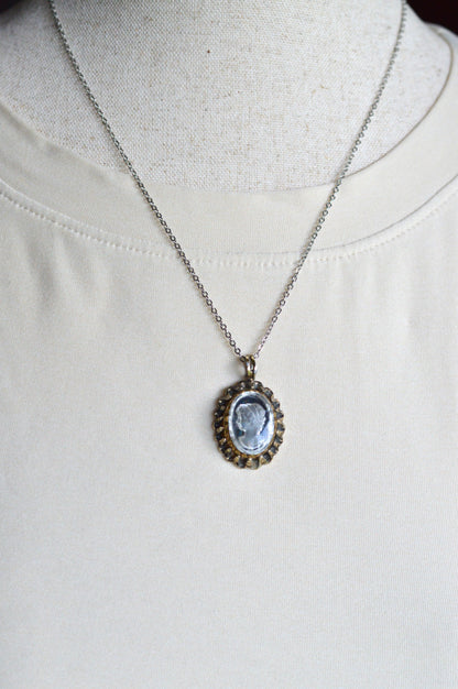 Vintage 1970s Domed Glass Intaglio Cameo Pendant Necklace, Scalloped Crown Frame