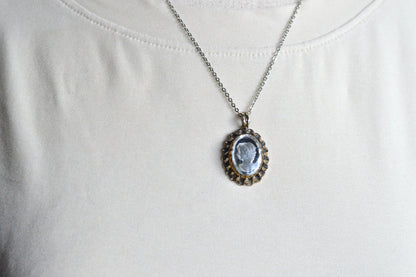 Vintage 1970s Domed Glass Intaglio Cameo Pendant Necklace, Scalloped Crown Frame