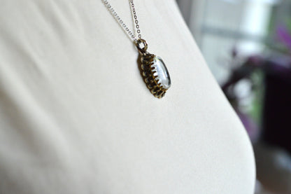 Vintage 1970s Domed Glass Intaglio Cameo Pendant Necklace, Scalloped Crown Frame