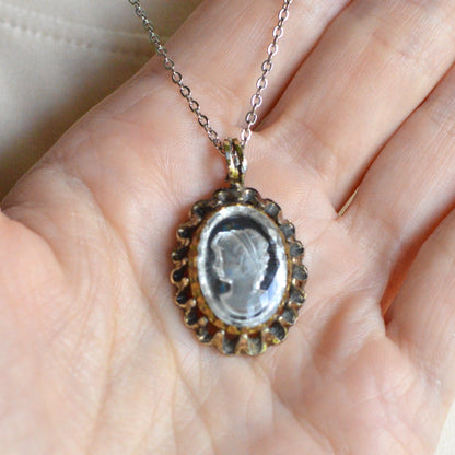 Vintage 1970s Domed Glass Intaglio Cameo Pendant Necklace, Scalloped Crown Frame