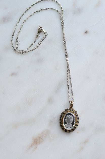 Vintage 1970s Domed Glass Intaglio Cameo Pendant Necklace, Scalloped Crown Frame