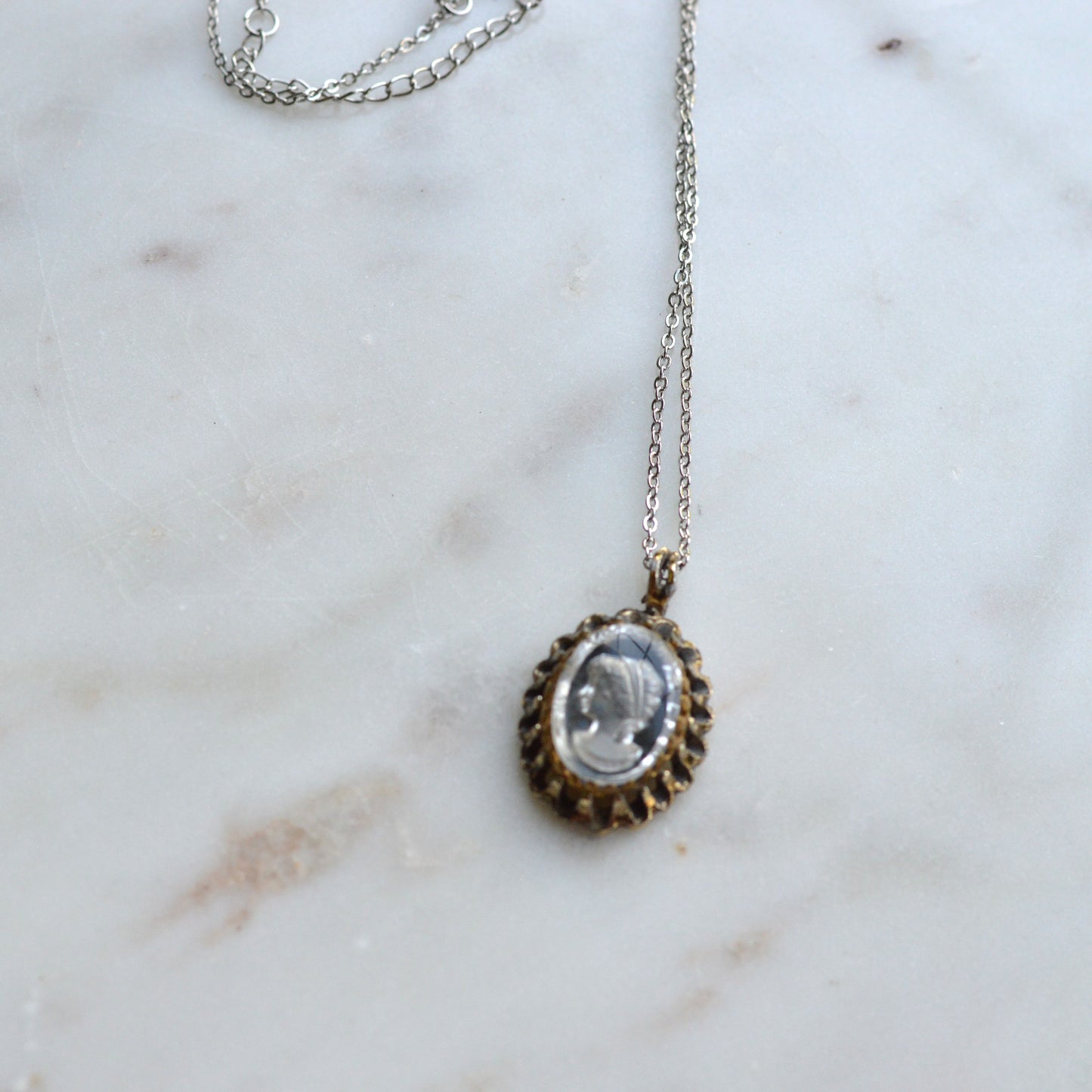 Vintage 1970s Domed Glass Intaglio Cameo Pendant Necklace, Scalloped Crown Frame