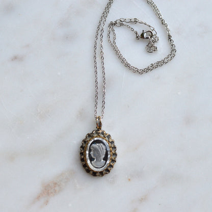 Vintage 1970s Domed Glass Intaglio Cameo Pendant Necklace, Scalloped Crown Frame