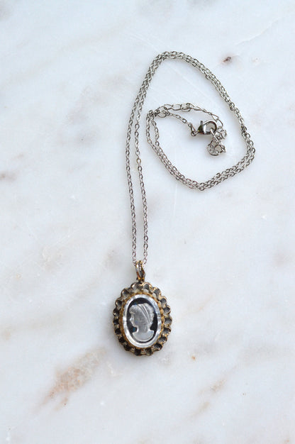 Vintage 1970s Domed Glass Intaglio Cameo Pendant Necklace, Scalloped Crown Frame