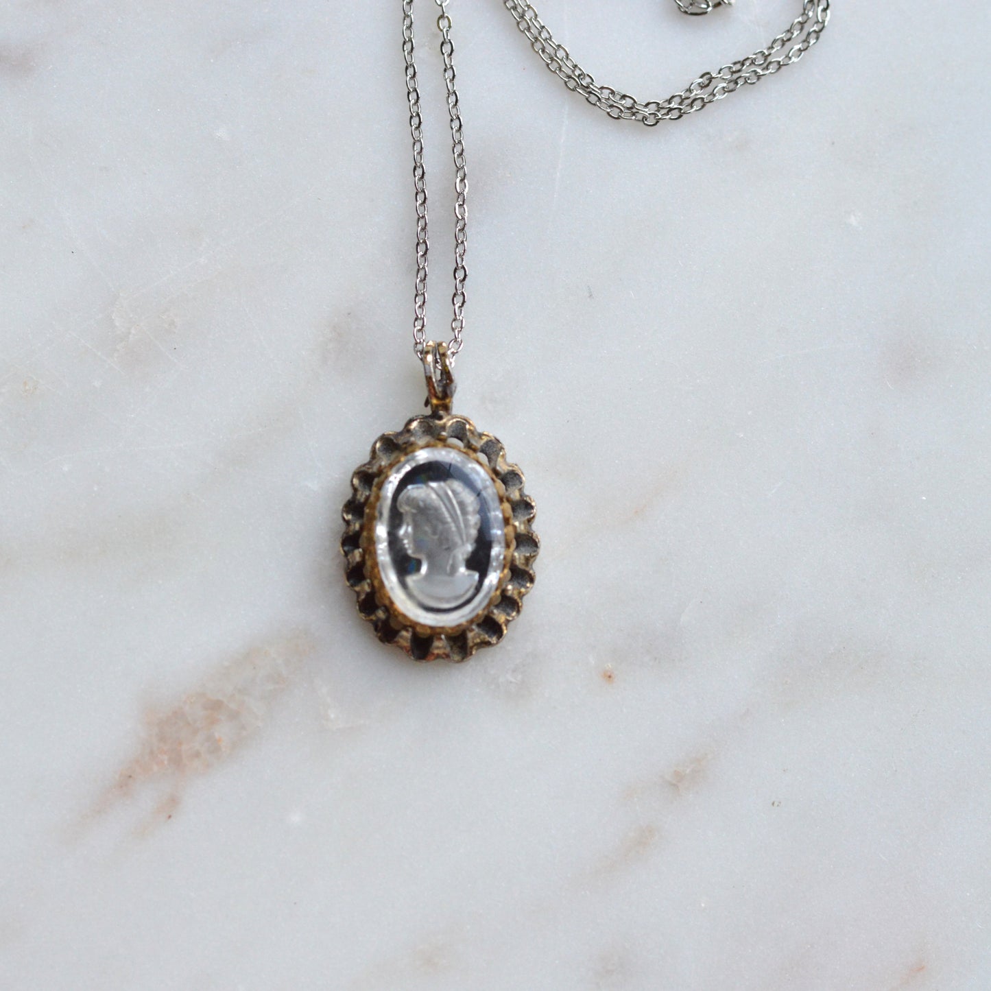 Vintage 1970s Domed Glass Intaglio Cameo Pendant Necklace, Scalloped Crown Frame