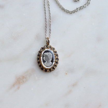 Vintage 1970s Domed Glass Intaglio Cameo Pendant Necklace, Scalloped Crown Frame