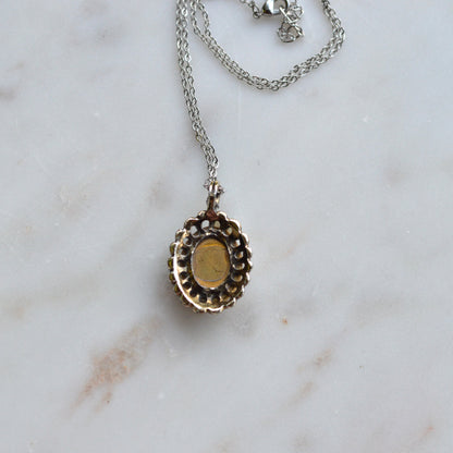 Vintage 1970s Domed Glass Intaglio Cameo Pendant Necklace, Scalloped Crown Frame
