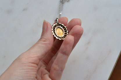 Vintage 1970s Domed Glass Intaglio Cameo Pendant Necklace, Scalloped Crown Frame