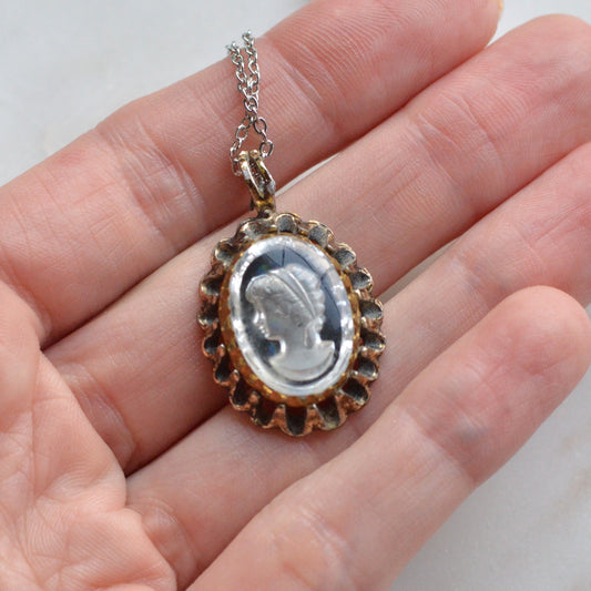 Vintage 1970s Domed Glass Intaglio Cameo Pendant Necklace, Scalloped Crown Frame