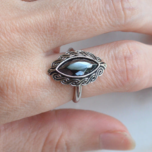Vintage 1970s Signed Avon Marquise Hematite Ring, Size 6-6.25 Adjustable Knotwork