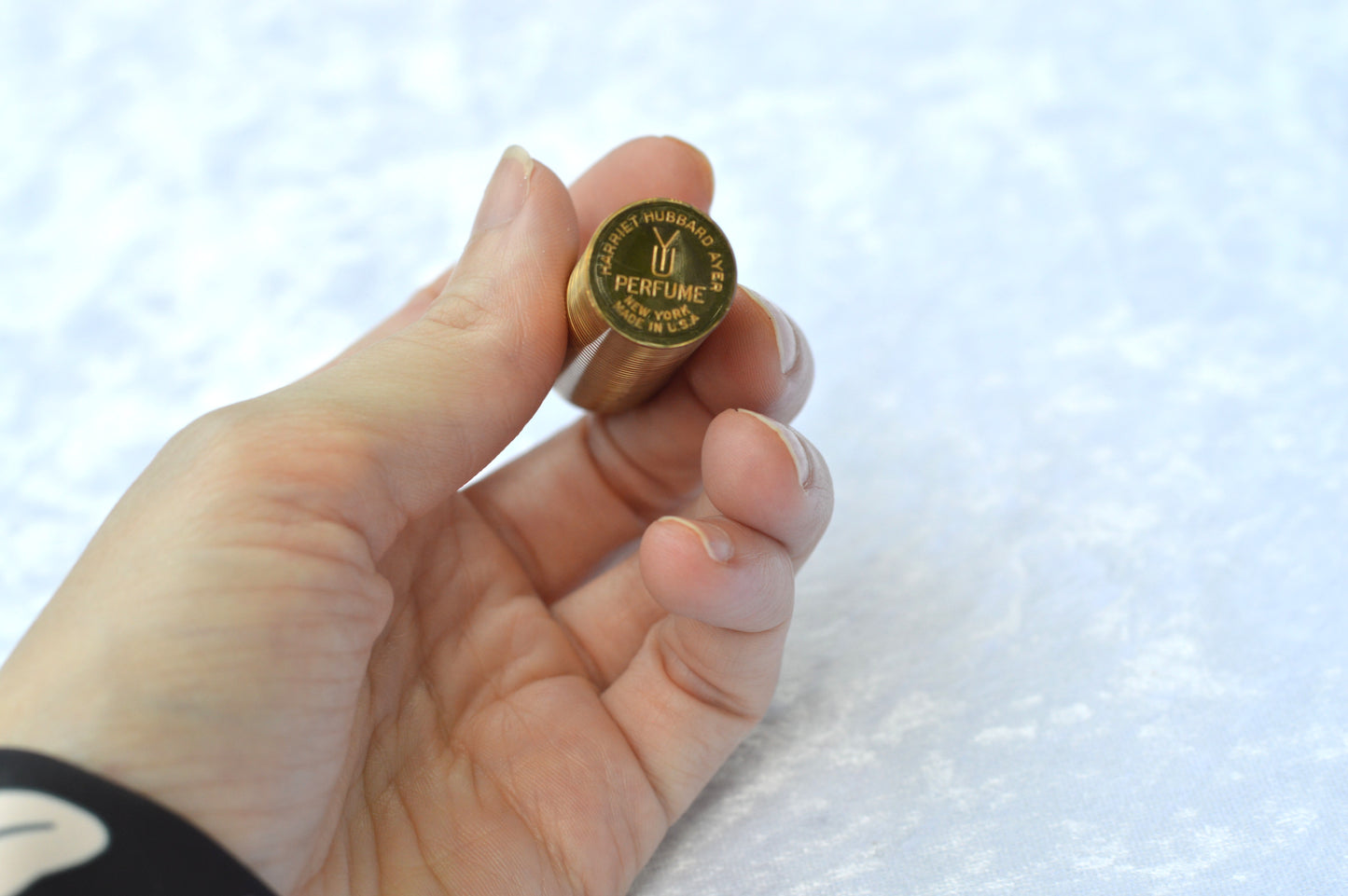 Vintage 1950s Harriet Hubbard Ayer Perfume Stick Case, Ribbed Brass Ball Finial